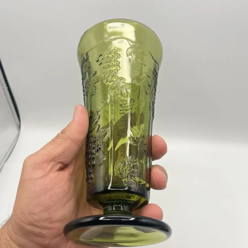Vintage Indiana Glass Tall Footed Vase Harvest Grape Colony Green 9.75
